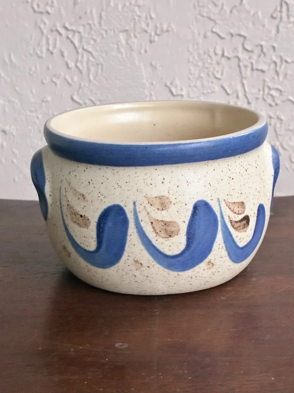 VINTAGE Handmade Pot German Westerwald Stoneware Bowl Cream Cobalt Blue Folk Art
